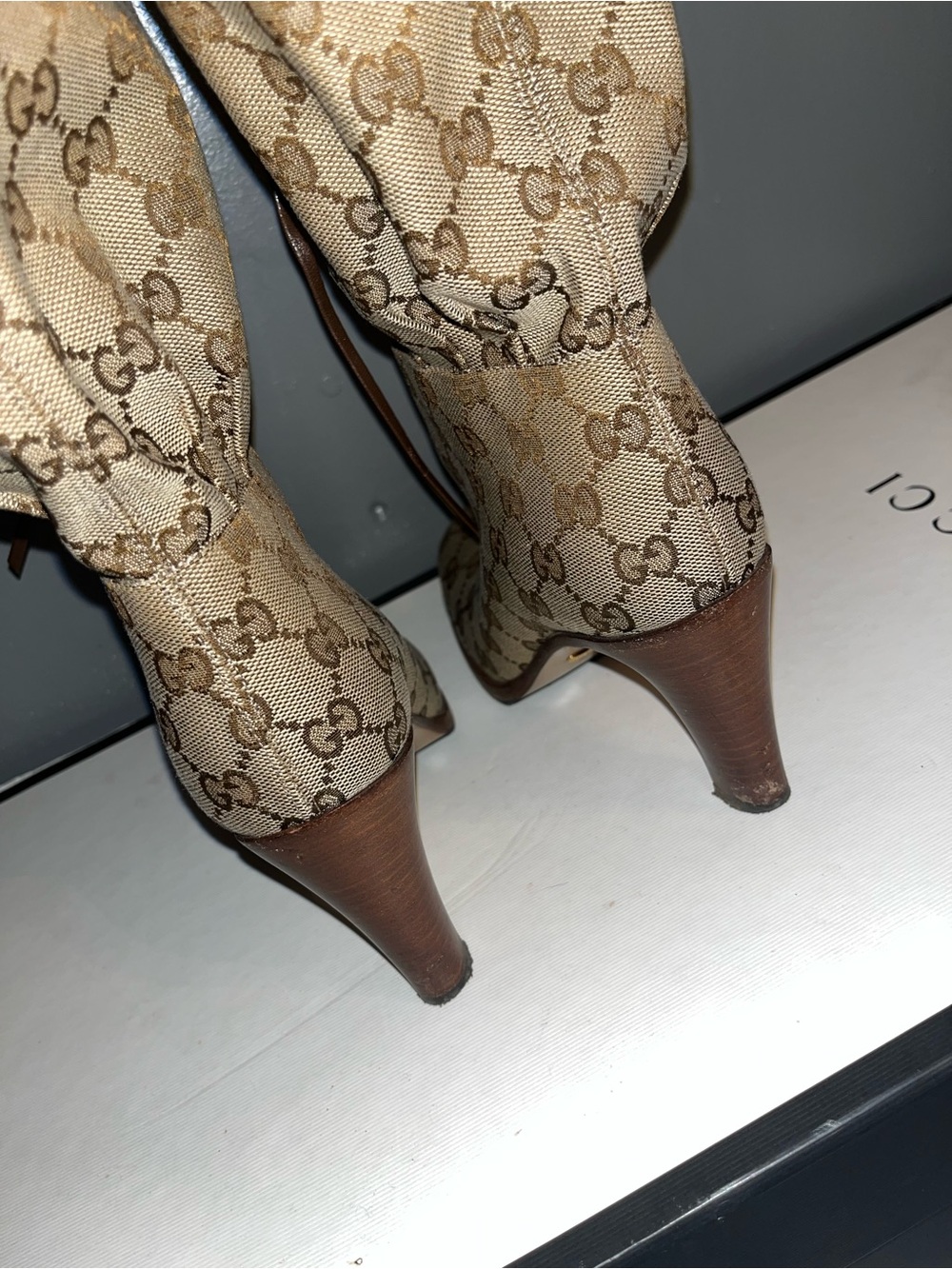 Gucci Original GG Canvas Over-the-Knee Boots Brown Trim Tie Detail - Picture 4 of 7